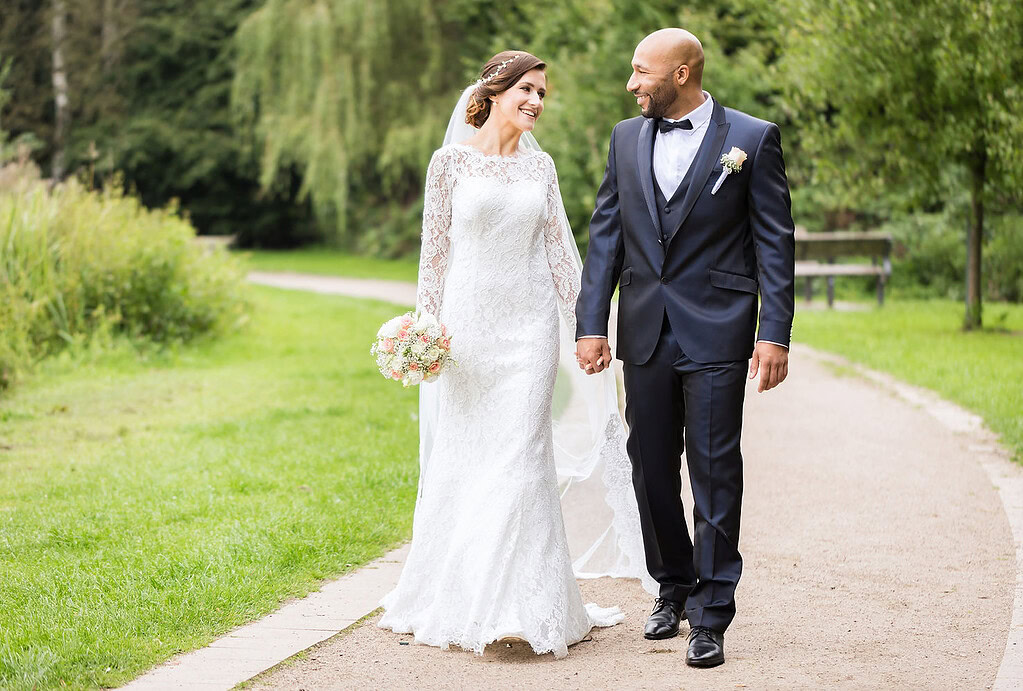 Bride and Groom taking a walk